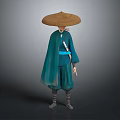 Katana Sword Weapon For Traditional Warrior In Blue Robe And Straw Hat