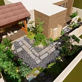 Courtyard Garden Design With Wooden Pavilion Stone Path Green Plants And Outdoor Dining Set