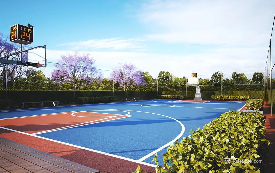 Outdoor Basketball Court With Blue Red Courts Scoring Boards And Greenery 3d model 