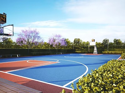 Outdoor Basketball Court With Blue Red Courts Scoring Boards And Greenery 3d model