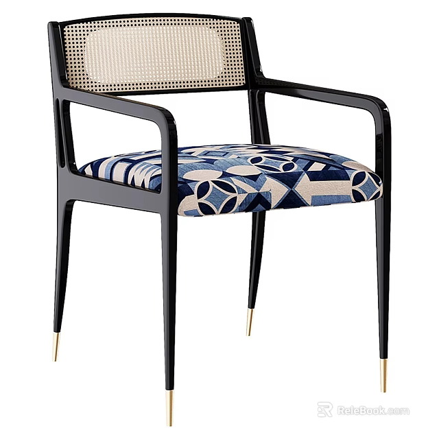 Modern Accent Chair with Black Metal Frame Gold Legs Woven Backrest and Blue Geometric Pattern Cushion 3d model 