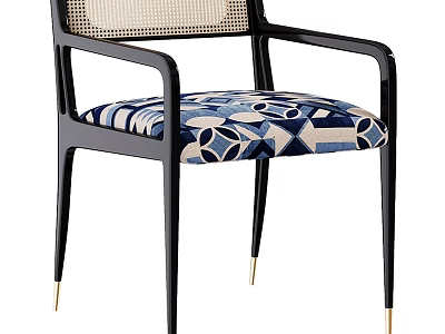 Modern Accent Chair with Black Metal Frame Gold Legs Woven Backrest and Blue Geometric Pattern Cushion 3d model