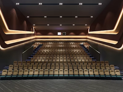 Modern Cinema Interior Design With Spacious Rows Of Comfortable Seats And Ambient Lighting 3d model