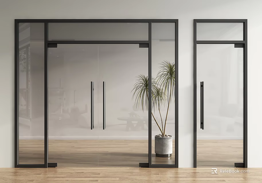 Indoor Space With Glass Doors And Black Frames Featuring Potted Plant 3d model 
