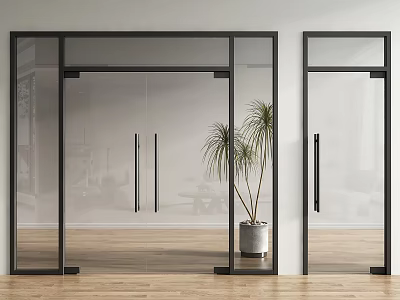 Indoor Space With Glass Doors And Black Frames Featuring Potted Plant 3d model