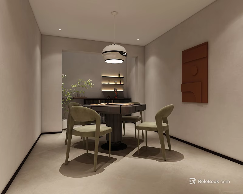 Hotel Mahjong Room Cozy Interior With Table Chairs Pendant Light And Wall Art 3d model 