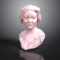 Pink Woman Bust Sculpture Featuring Curly Hair Ruffled Collar In Dark Background With Reflective Surface