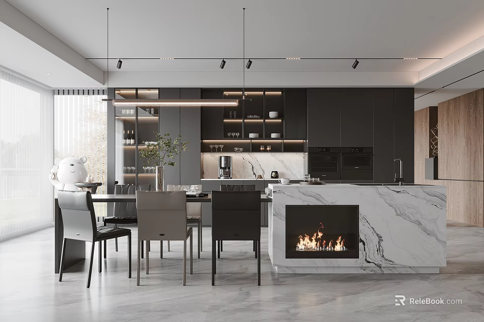 Modern Restaurant Interior With Open Kitchen Marble Island And Fireplace Design 3d model