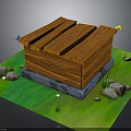 Wooden Box Shaped Architectural Structure 3D Model on Green Grass with Stones and Small Decorations