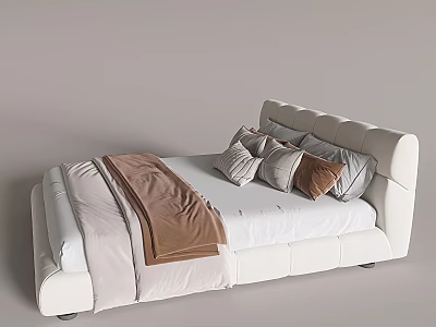 White Upholstered Double Bed with Curved Headboard White Sheet Brown Throw and Gray Pillows 3d model