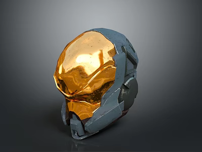 Futuristic Sci Fi Weapon With Golden Gray Metallic Helmet Shaped Mechanical Design 3d model