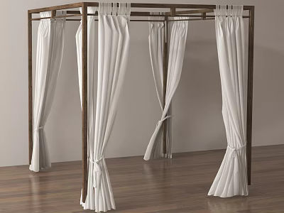 Elegant White Bed Canopy With Sturdy Frame Drapes Over Wooden Floor For Cozy Bedroom Ambiance 3d model
