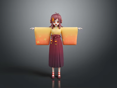 Woman 3D Model with Red Hair Yellow Star Sleeves Dark Purple Kimono and Red Shoes 3d model