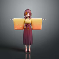 Woman 3D Model with Red Hair Yellow Star Sleeves Dark Purple Kimono and Red Shoes