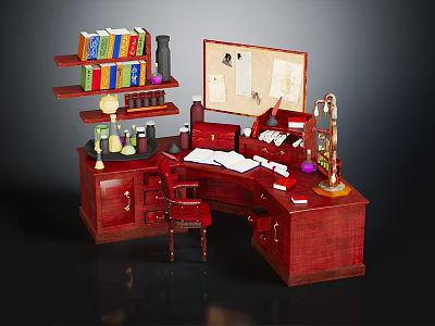 Elegant Mahogany Desk Setup With Bookshelves Table Lamp Magnifying Glass Folders And Papers 3d model
