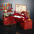 Elegant Mahogany Desk Setup With Bookshelves Table Lamp Magnifying Glass Folders And Papers