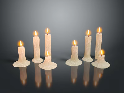 Elegant Lit Candles of Various Heights on Black Surface with Reflections 3d model