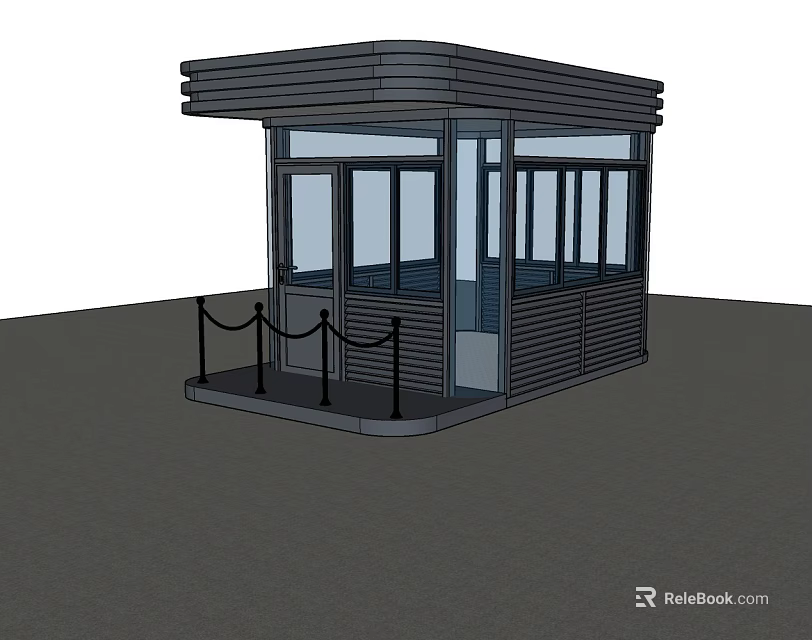 Modern Security Guard Booth With Glass Windows Metal Structure And Rope Barrier 3d model 