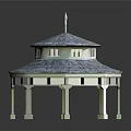 Classic Two Tiered Pavilion With Blue Tiled Roof White Pillars And Spire On Top
