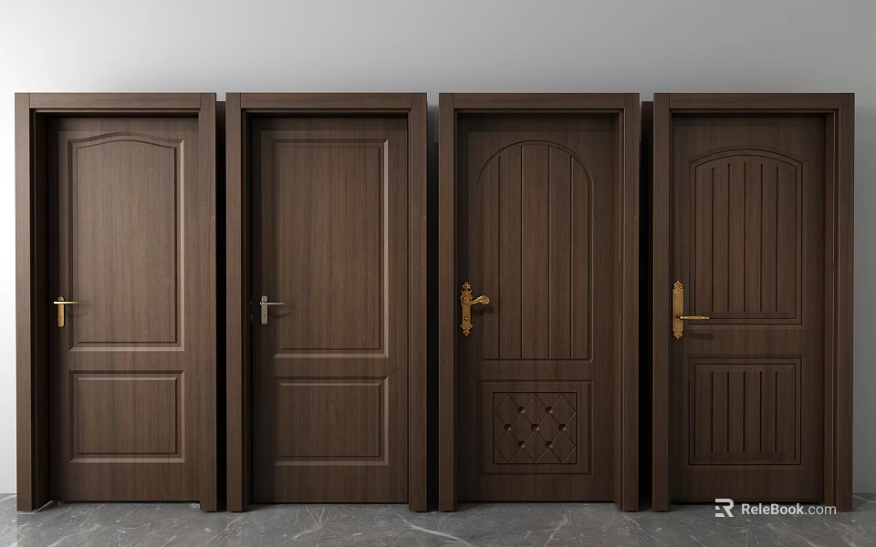 Multiple Brown Wooden Swing Doors Showcasing Different Panel Designs And Handles 3d model