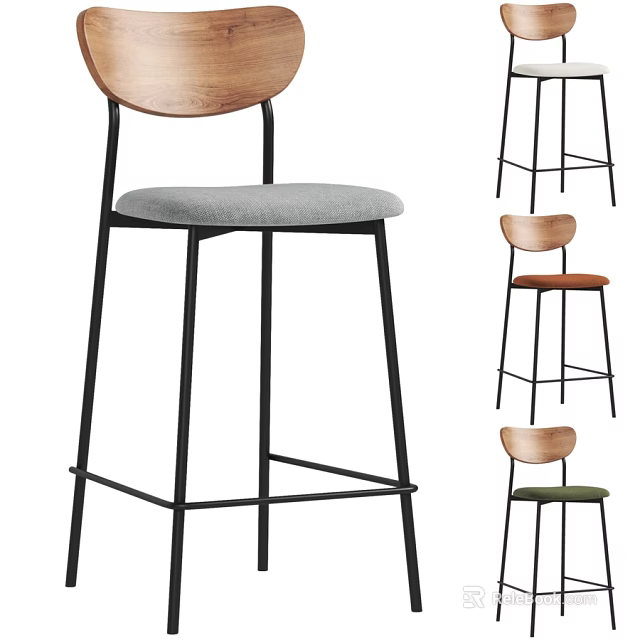 Modern Nordic Bar Stool Chair With Black Metal Frame Wood Backrest And Soft Cushioned Seat 3d model 