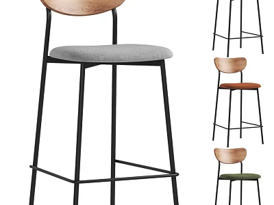 Modern Nordic Bar Stool Chair With Black Metal Frame Wood Backrest And Soft Cushioned Seat 3d model
