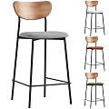 Modern Nordic Bar Stool Chair With Black Metal Frame Wood Backrest And Soft Cushioned Seat