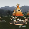 Scenic Camping Site with Triangle Tents CHILLS Logo and Mountain Backdrop