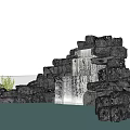 Natural Stone and Wood Waterfall Landscape with Pool Reflection and Green Plants