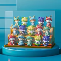 Transparent Illuminated Display Shelf With Colorful Collectible Cartoon Figures On Blue Base