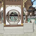 Ancient Chinese Architecture Courtyard With Traditional Wooden Pagoda Lanterns And Furniture
