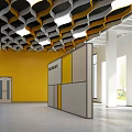 Spacious Modern School Corridor with Unique Ceiling Design and Bright Yellow Walls 3d model