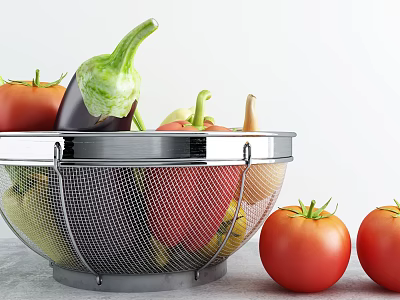 Fresh Vegetables In Metal Mesh Basket With Eggplant And Tomatoes On Kitchen Countertop 3d model