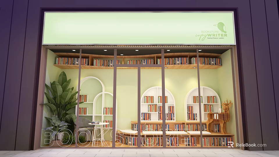 Green Bookstore Window Display With Shelves Filled Books Large Plant Arched Design And Seating 3d model 