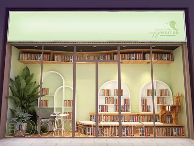 Green Bookstore Window Display With Shelves Filled Books Large Plant Arched Design And Seating 3d model
