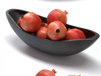 Fresh Ripe Pomegranates in Black Bowl with Whole and Sliced Fruits 3d model