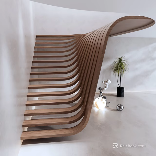 Modern Wooden Curved Staircase Design With Potted Plant And Decorative Lamp 3d model 