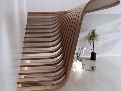 Modern Wooden Curved Staircase Design With Potted Plant And Decorative Lamp 3d model
