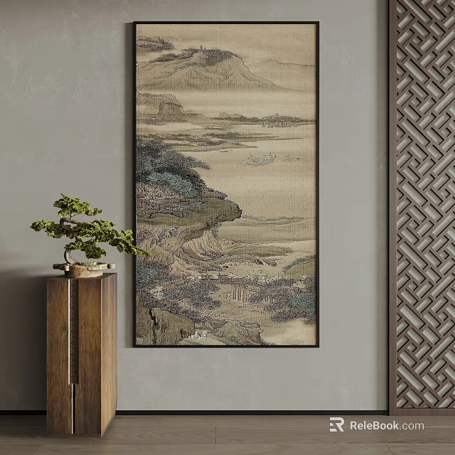 Traditional Chinese Landscape Painting With Bonsai Wooden Stand And Lattice Screen 3d model 