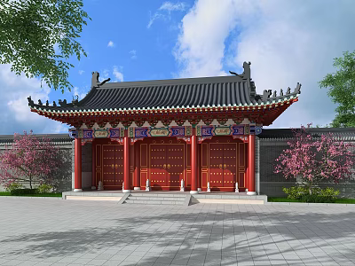Traditional Ancient Architecture With Overhanging Black Tiled Eaves Red Wooden Doors And Pink Flowering Trees 3d model