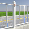 Road Infrastructure White Guardrail With Blue Vertical Strips Gray Concrete Base And Green Grass Background