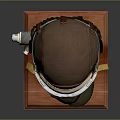 Military Tactical Helmet With Breathing Mask And Goggles On Wooden Display Base