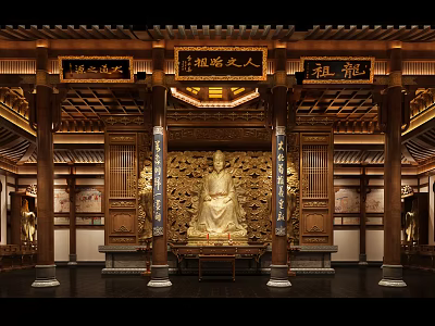Ancient Architecture Interior With Golden Buddha Statue Wooden Structure And Carvings 3d model