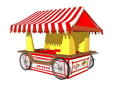 Mobile Sweet Cart With Red White Striped Canopy And Wheels 3d model
