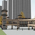 Commercial Street Featuring Traditional Low Rise Buildings Modern Skyscrapers Pedestrians and Yellow Leaf Trees