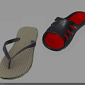 Light Gray Woven Flip Flops And Black Open Toe Slippers With Red Insole