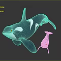 Playful Blue And White Orca Whale With Small Blue Baby Whale Floating Together