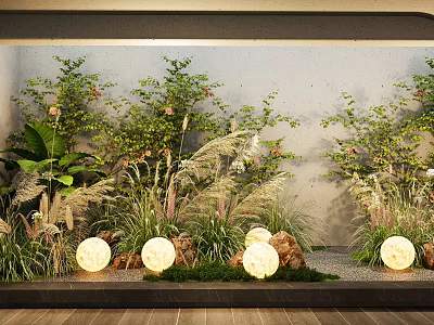 Plant Combination Against Gray Wall with Green Grasses Stones and Round Lights on Wooden Floor 3d model