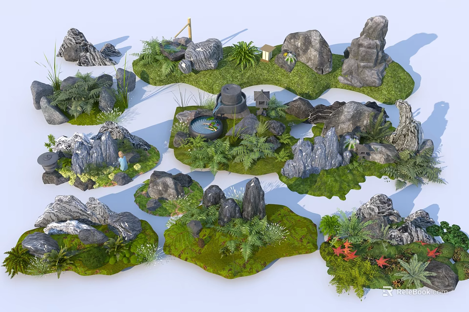 Creative Garden Ornaments With Rocks Moss Plants And Small Water Features 3d model 