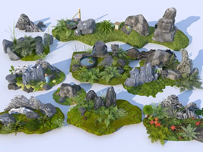 Creative Garden Ornaments With Rocks Moss Plants And Small Water Features 3d model